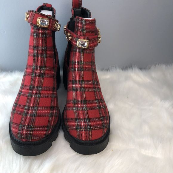 SUGAR-Favorite Red Black Plaid Rhinestone Chunky Heel Chelsea Ankle Boot - Picture 10 of 16